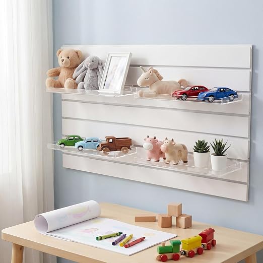 Yalikop 4 Pcs Slatwall Shelves Clear Acrylic Slatwall Shelves Organizer Wall Mounted Hanging Accessories Plastic Panel Display Shelf for Retail Store Boutique Garage Home(Fenced Style,12 x 5 Inch)