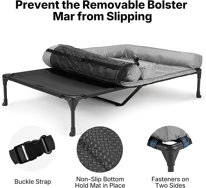 Veehoo Elevated Dog Bed for 2 Dogs, Cooling Raised Dog Bed with Bolster Mat | Outdoor Double Dog Bed with Removable Waterproof Cushion, Breathable Mesh, Non-Slip Feet for Outdoor & Indoor, 53", Grey