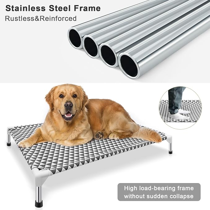 Kuntrust Elevated Outdoor Dog Bed, Large Size, Fits up to 100lbs | Breathable Fabric, Dual-Layer Cotton, Stainless Steel Frame, Anti-Slip Feet