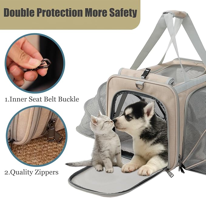 Cats Carrier for Small Dogs Puppy Cat Bag Expandable,Airline Approved,2 Sides Expand,Rabbit Bunny Pets Carriers Small Animals Travel Outdoor Carry Kennel (Khaki)