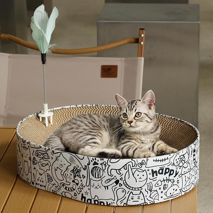Cat Scratcher Cardboard, 2in1 Oval Cat Scratcher Bed for Indoor Cats Cat, Scratch Pad Bowl with Scratching Toy, Cozy Oval Cat Scratch Bed Furniture for Kittens & Medium Size Cats(White)