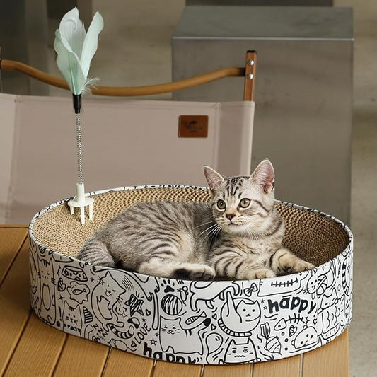 Cat Scratcher Cardboard, 2in1 Oval Cat Scratcher Bed for Indoor Cats Cat, Scratch Pad Bowl with Scratching Toy, Cozy Oval Cat Scratch Bed Furniture for Kittens & Medium Size Cats(White)