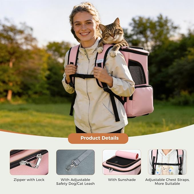 Lekereise Pet Carrier Backpack Expandable Cat Backpack Carrier for Small Dogs Large Cats Puppies, Dog Backpack Carrier for Hiking Travel Outdoor Hold Pets Up to 20 25 Lbs, Pink