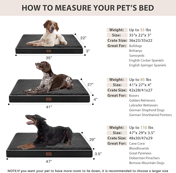 WNPETHOME Orthopedic XXL Dog Beds for Large Senior Dog Bed Comfy Sleeping | XXL Washable Waterproof Dogs Bed with Removable Cover, Multi-Needle Quilting Dogs Crate Bed for Relax , Black 47x29 Inch