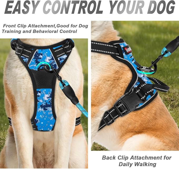 BARKBAY No Pull Dog Harness Front Clip Heavy Duty Reflective Easy Control Handle for Large Dog Walking(Blue camo,L) | Soft Padded No Choke With Handle,Easy On&Off,Adjustable Reflective For Walking Training Running(Blue Camo,L)