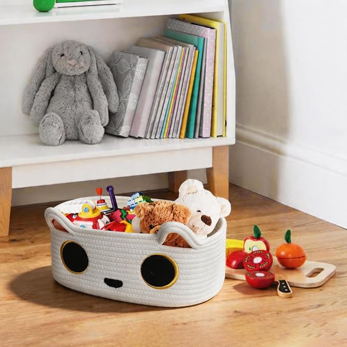 White Cat Toy Basket, Small Woven Cat Toy Storage Box with Cute Ears Handle Indoor, Cotton Rope Storage Bin with Embroidered Face for Home Decor, Pet Bed, Baby Nursery Kids Room Organization