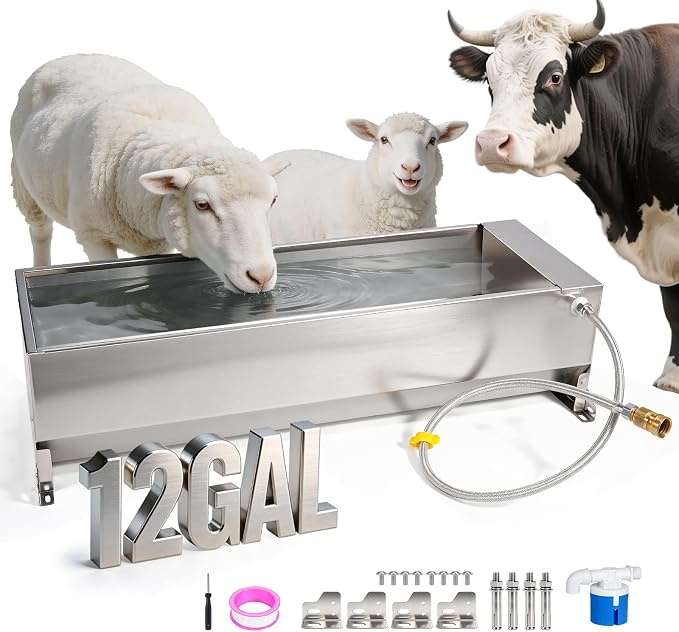 12Gal Automatic Livestock Water Trough, Stainless Steel Auto Dog Water Bowl Dispenser with Float Valve Kit, Self Filling Livestock Waterer Outdoor Extra Large Bowl for Dog Horse Goat Cow