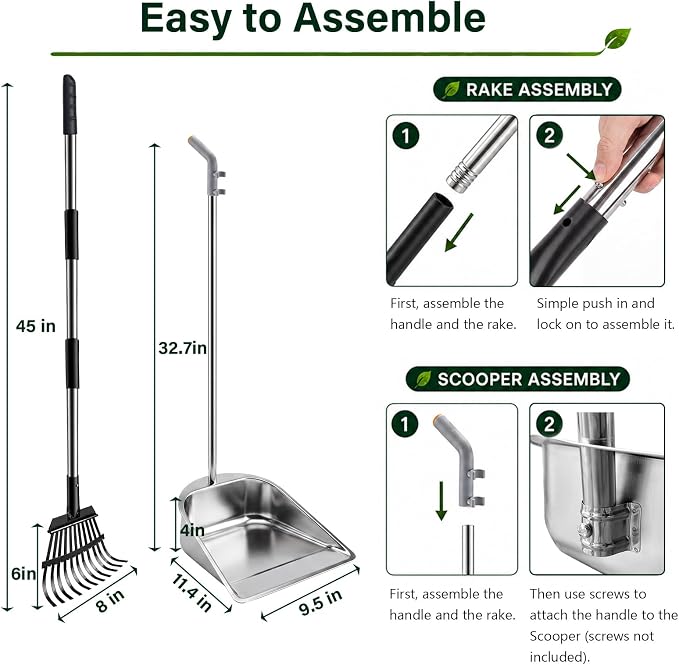 Stainless Steel Dog Pooper Scooper 45in Handle Large Tray Rake | with Heavy DutyV Dog Pooper Scooper for Large Holding Capacity, Rust-Proof Poop Scoop Set for Grass, Concrete and Gravel