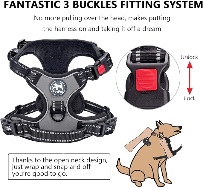 PoyPet No Pull Dog Harness Small with Front Clip & Neck Release Buckle | No Choke, Adjustable Vest, Reflective, Back Clip, Lockable, Soft Padded, Easy Control Handle for Walking Training, S, Grey