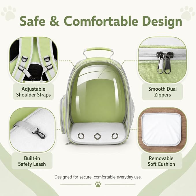 Expandable Cat Carrier Backpack for Cats & Dogs, Bubble Window Pet Travel Backpack with Breathable Mesh, Anti-Collapse Structure, Side Door, Safety Leash, for Vet Visits, Hiking, Outdoor, Light Green
