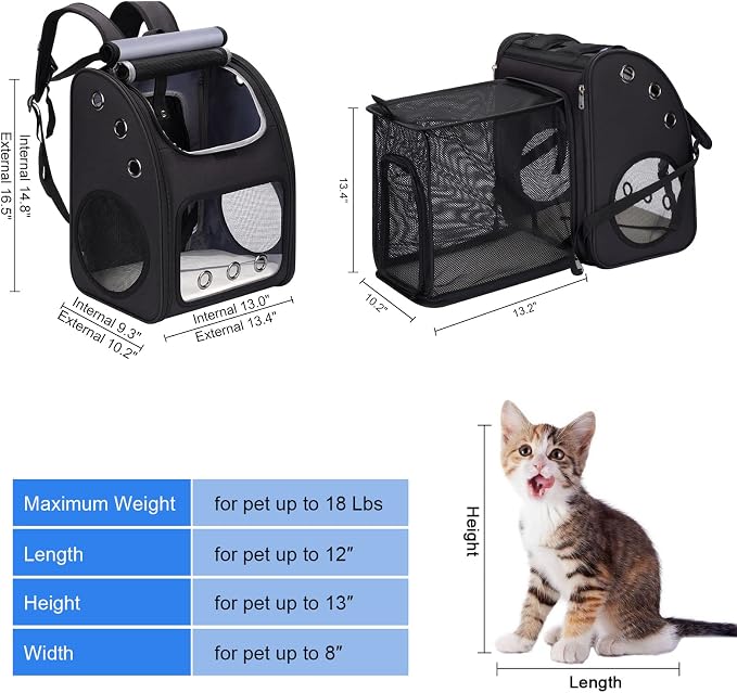 Expandable Cat Backpack Carrier for Small Cats & Pets Up to 18 lbs | Large Space Cat Backpack with Ventilated Breathable, Airline Approved Portable Travel Pet Backpack for Hiking/Camping/ Vet