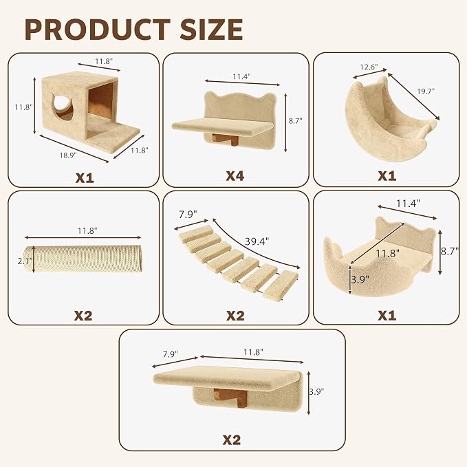 13-in-1 Cat Wall Shelves, Moon & Bridge Cat Wall Furniture, Beige | Wall Mounted Cats Shelf Set with Plush Fabric, Cat Climbing Systems for 16 Inch Drywall, Condo, Scratching Post, Space-Saving
