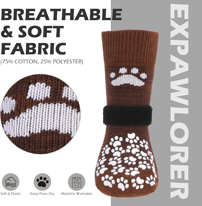 EXPAWLORER Anti Slip Dog Socks to Prevent Licking Paws, Dog Shoes for Hot Pavement, Dog Booties for Small Medium Large Senior Dogs, Traction Control Boots & Paw Protectors for Hardwood Floors Coffee