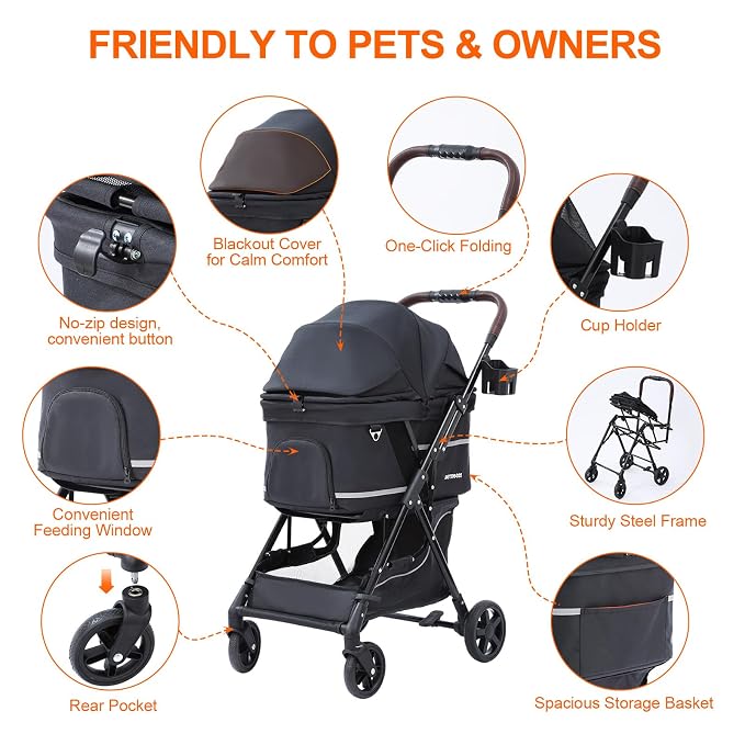 No-Zip Pet Stroller for Small Dogs & Cats, 44 lb, Black | No-Zip Canopy, 44 lb Capacity, Reflective Trim, 2 Tethers, Lockable Front Wheels, Rear Brake and One-Hand Fold