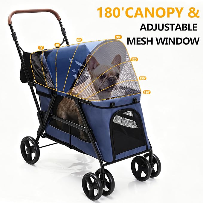 Dog Stroller for Large & Medium Dogs, Foldable Pet Stroller for 2 Small Dogs Up to 66lbs, with All-Terrain Wheels, Breathable Mesh Ventilation & Storage Pocket (Blue)