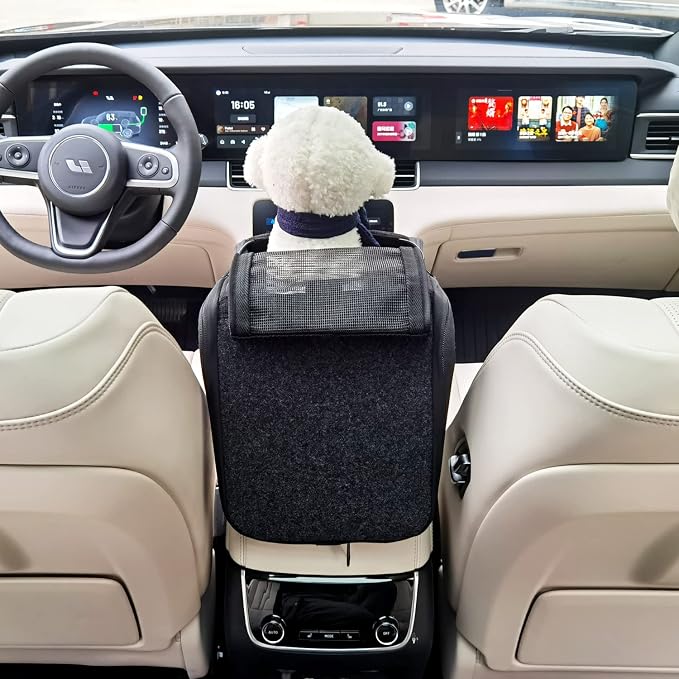 Center Console Small Dog Car Seat,Portable Pet Cat Puppy Booster Armrest Carseat Up to 11lbs,Equipped with a Breathable Protective Cover Net to Prevent Escape with Washable Fluffy Cushion and Pillow