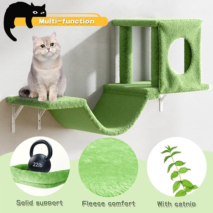 6-in-1 Cat Wall Shelves, Wall Mounted Cat Climber with Condo House, Scratching Post, Bridge Ladder, Space-Saving Indoor Play Furniture for Kittens, Green