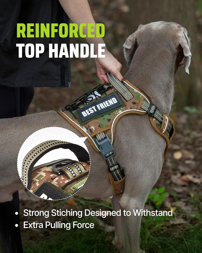 Tactical Dog Harness No-Pull Military Vest for Medium & Large Dogs, Adjustable Reflective Escape-Proof Vest with MOLLE System, Handle Control for Training, Walking, Outdoor – Camo