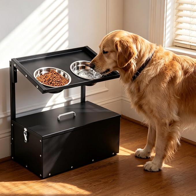 Elevated Dog Water Bowl with Storage Box Large Breed, 3 Adjustable Height | Raised Dog Bowl with Stand, Stainless Steel Pet Food Bowl & Water Bowl Indoor & Outdoor Use, Easy Clean