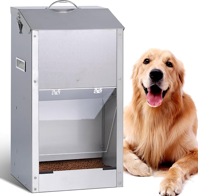 Automatic Dog Feeder Large Breed Outdoor, Stainless Steel Material | 25 Lbs Dog Dry Food Dispenser with Clear Flap Door, Gravity Pet Feeder Feeding Station, Sturdy and Durable, Wall Mountable