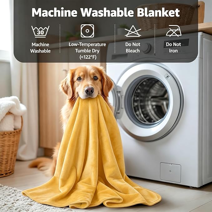 LOOBANI Waterproof Blanket for Bed, Flannel Queen Size 80"x90", Yellow | Double-Side Leak-Proof, Reversible, Stain-Proof Cover for Sofa Bed Protection, Ideal for Rest Movie Time, Camping, Travel