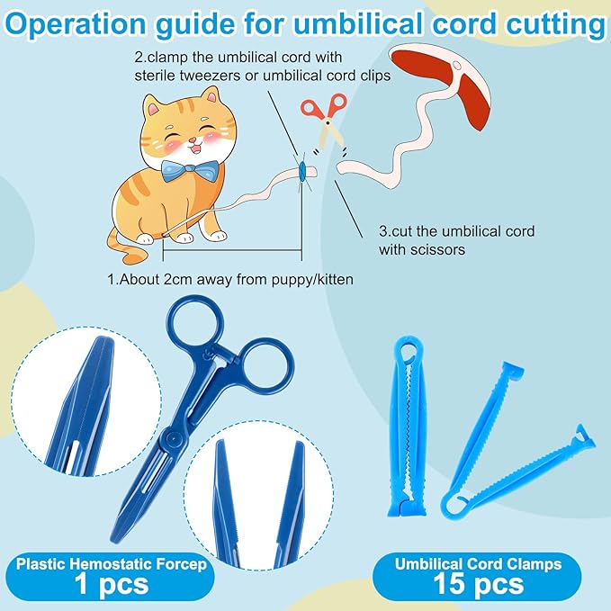 48 Pcs Puppy Kitten Whelping Kit Include 4 Puppy Feeding Tube, 6 Record Keeping Charts, 15 Whelping Collars, 15 Cord Clamps, 2 Gloves, Bulb Aspirator, Syringe, Bottle, Scissors, Stethoscope, Bag