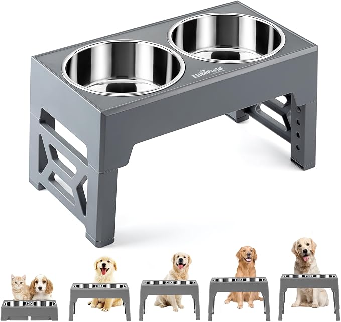 EliteField Elevated Dog Bowls, 2 Stainless Steel Bowls (2-Year Warranty) | 58 oz Bowls, 5 Adjustable Heights, Small to Large Dogs, Foldable, Dishwasher Safe, Anti-Slip Feet