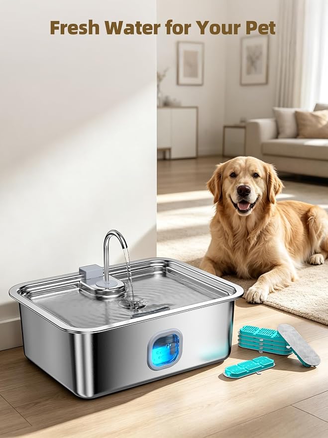 Dog Water Fountain Stainless Steel, 12L/16L Large Pet Water Fountain for Dogs, Dog Water Bowl Dispenser with Water Level Window & LED Light, Super Quiet for S-L Dogs and Multi-Pet (6 Filters)