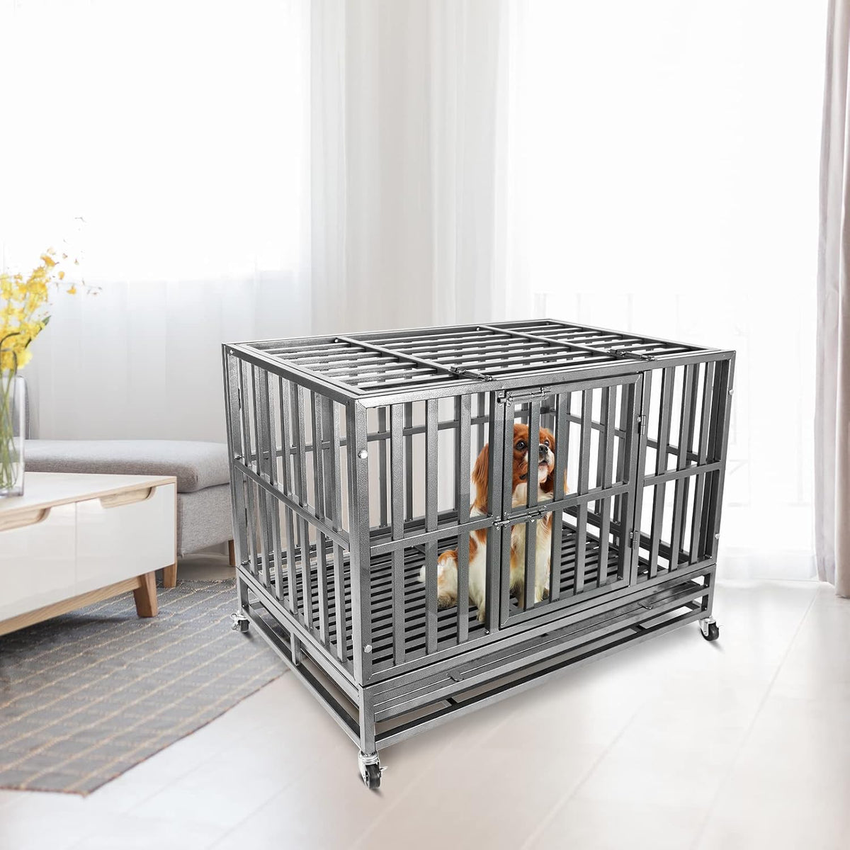Confote 37 Inch Heavy Duty Dog Crate Metal Cage Kennel, High Anxiety Pet Cage with Lockable Wheels & Double Doors for Small Dogs
