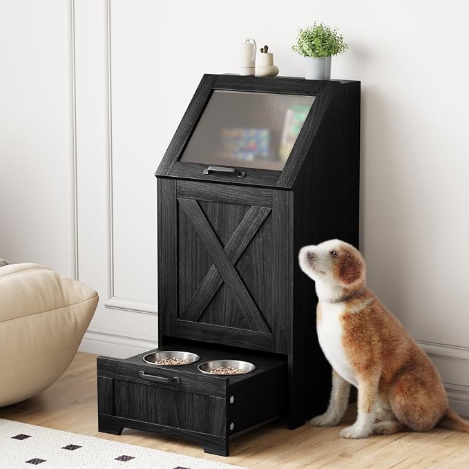 Dog Feeding Station,Dog Food Storage Cabinet,Pet Feeding Station with 2 Elevated Bowls,Hidden Pet Feeder Station with Hooks,Flip Top Pet Storage Organizer for Water,Feeding (Black)