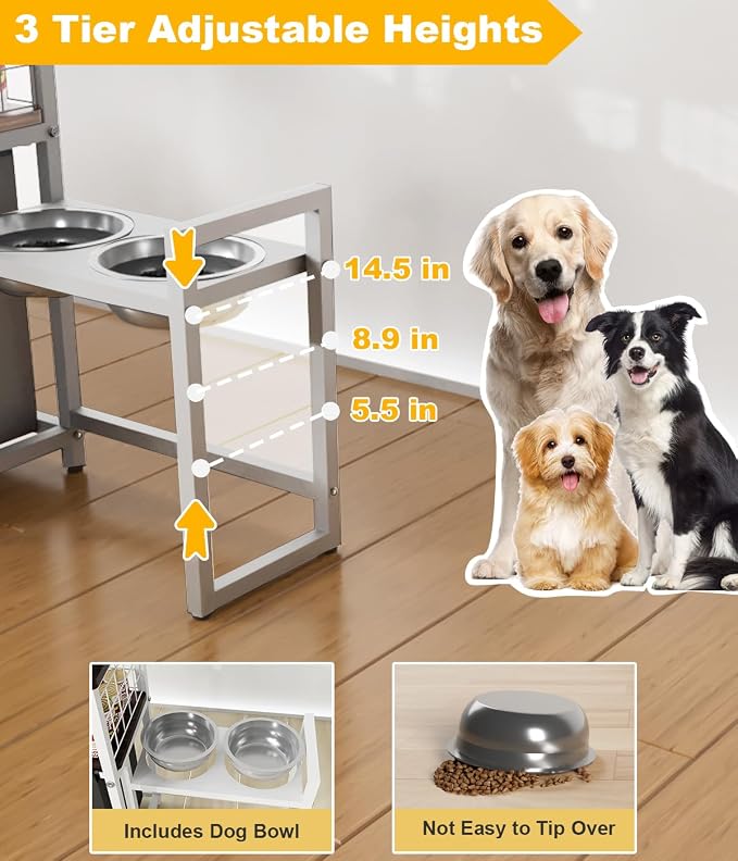 30.6Long x 26.2 High Elevated Dog Bowl Stand, White | with Pet Food Storage Organizer, Adjustable Raised Feeding Station with Toy Basket for Large Medium Small Dogs and Cats
