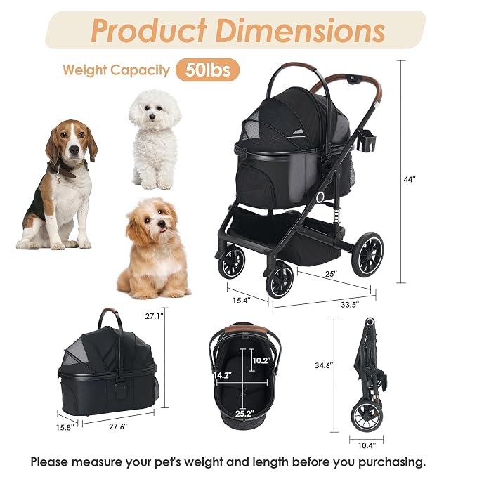 TODEFULL Pet Stroller with 4 Wheels, 3 IN 1 Folding Puppy Strollers for Small/Medium Dogs Cats up to 50lbs, Lightweight Pet Travel Carrier with Detachable Cushion, Storage Basket and Cup Holder, Black