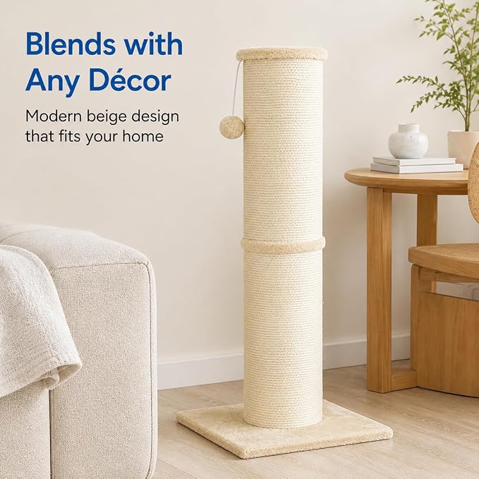 Sisal Cat Scratching Post for Indoor Cats & Kittens, 5.5" Diameter Heavy Duty Vertical Scratcher, 32 Inch Extra Tall Furniture Protector with Stable Base, Beige