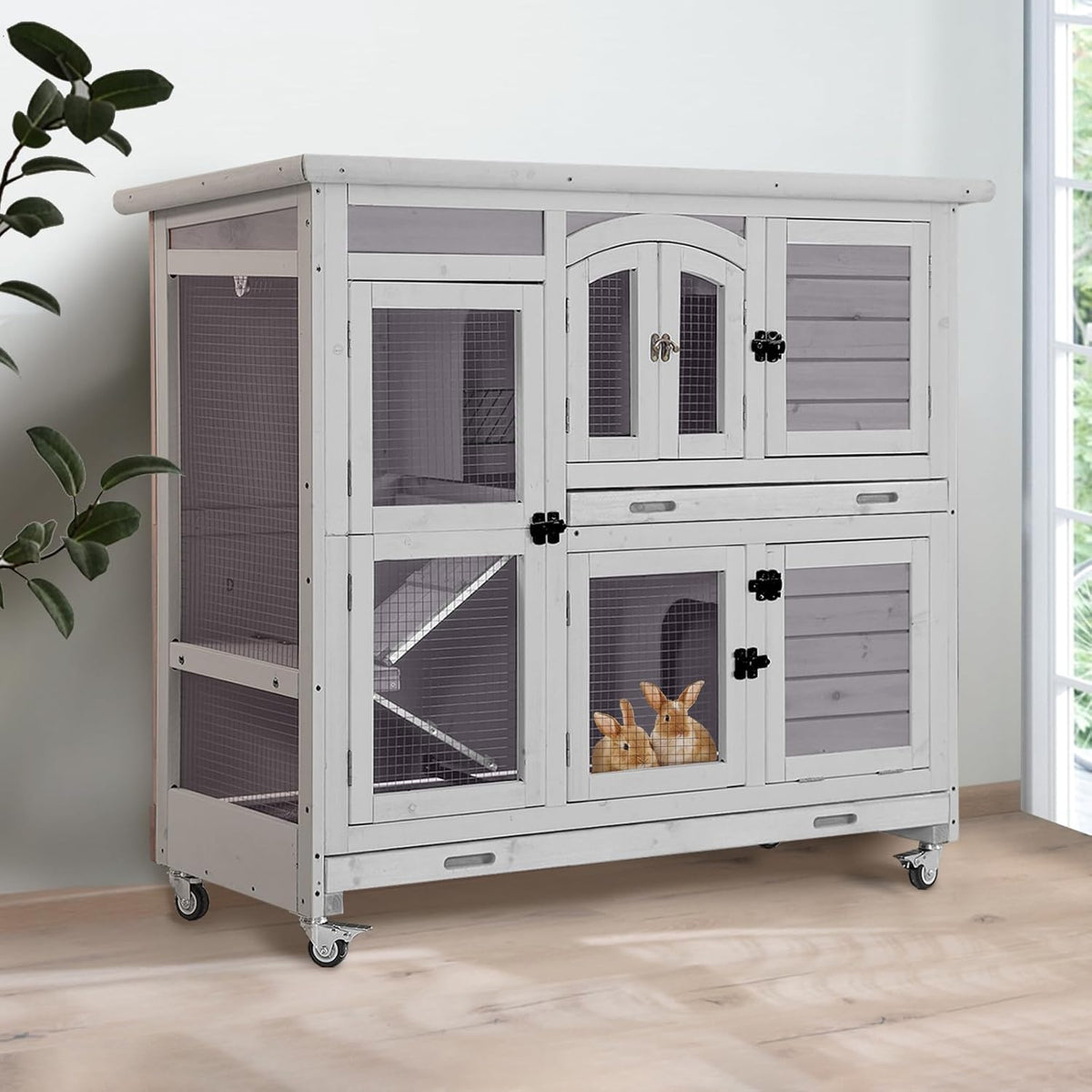 GUTINNEEN Large Rabbit Hutch Indoor with Chew-Proof Ramp, 47" Wooden Bunny Cage Guinea Pig Cages with Casters, Leak-Resistant Trays for Rabbits, Guinea Pigs, Small Animals