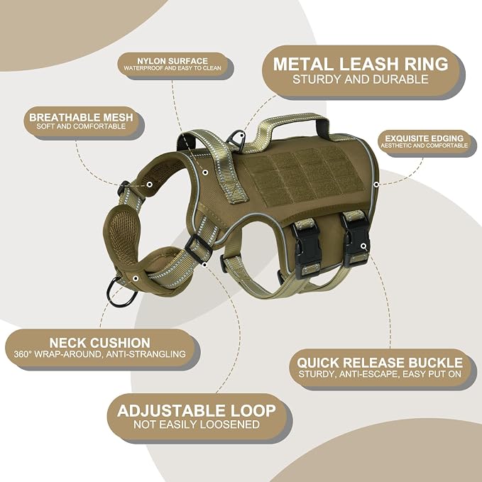Dog Harness for Large Dogs, No Pull Tactical Vest with Front Clips | Easy Contrl Handle, Breathable Soft Padded, Adjustable, Reflective, Heavy Duty, Easy Take On & Off, Khaki X-Large