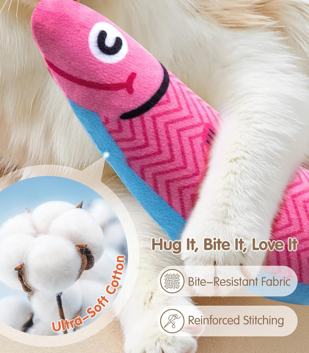 Cat Toys with[5000mg A+Natural Catnip &Silvervine] [Baby Grade] Interactive Soft Chew Kicker Cat Toys for Indoor Cats & Kittens, [Crinkle &Bell] Fish Sound Toy,Drives Bored Cat Crazy with Fun