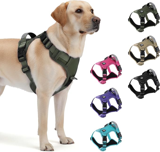 Heavy Duty Tactical Dog Harness for Small Dogs, No Pull Dog Harness with Handle & Front Clip, Reflective Soft Padded, Hook and Loop Panel, Dog Vest for Walking, Service Training, Army Green