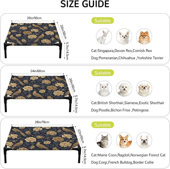 Outdoor Elevated Dog Bed for Medium Dogs, Vintage Flowers Breathable Cooling Raised Dog Cot for Indoor/Outdoor, Birds on Branch Floral Elegant Plants Waterproof Elevated Pet Beds, M 24 x 20 in