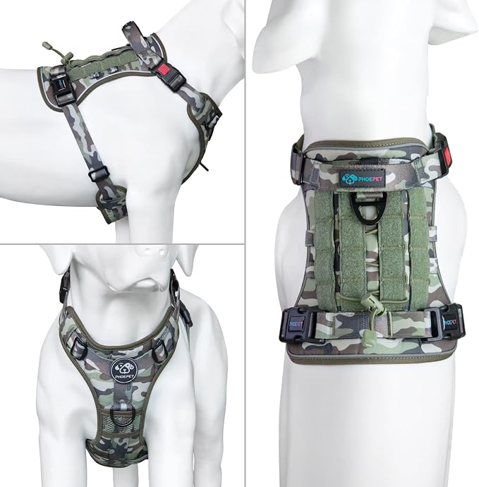 No Pull Tactical Dog Harness,Service Dog Vest Molle & Loop Panels | Army Green M, Metal Front & Back D-ring, Reflective, Easy Control with Padded Handle for Small Medium Large Dogs