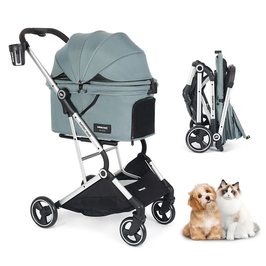 Pet Stroller Dog Cat Stroller for Small Medium Dogs Cats, 4 Wheels Travel Folding Carrier Waterproof Puppy Stroller with Pad, Canopy and Cup Holder, Green