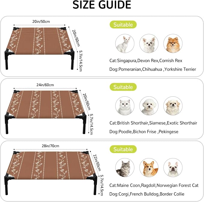 Outdoor Elevated Dog Bed for Medium Dogs, Brown Flowers Branch Breathable Cooling Raised Dog Cot for Indoor/Outdoor, Spring Summer Farmhouse Botanical Waterproof Elevated Pet Beds, M 24 x 20 in