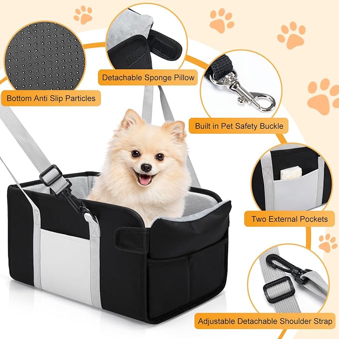Portable Dog Car Seat for Small Dogs, Puppy Car Seat, Black | Booster Seat With Safety Leash & Adjustable Straps Keeps Small Dogs Secure. Removable Washable Cushion. Fits Most Cars.