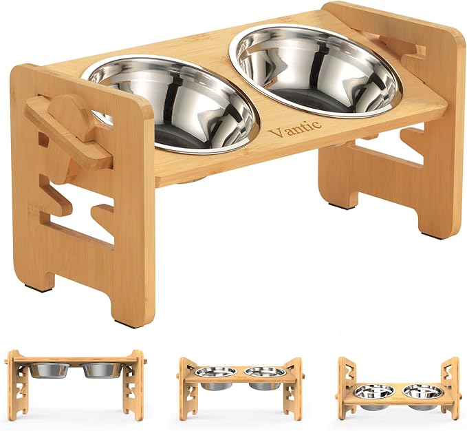 Elevated Dog Bowls, Raised Dog Bowl Stand Adjustable Small, Natural | Bamboo Elevated Feeder with 2 Stainless Steel Bowls, Adjustable Height Stand for Small Puppies and Cats