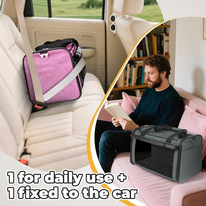 YUDODO 2 Packs 25 lbs Lightproof Soft Sided Cat Carrier for Large Cat & Small Dog Airline Approved Travel Puppy Carriers with Side Pockets & Reflective Mesh, Foldable Portable for Car Grey Green+Pink