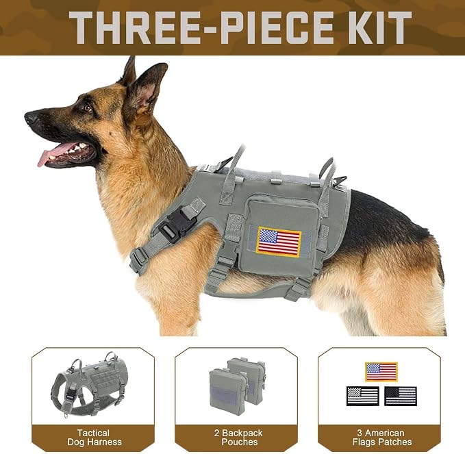 Forestpaw Tactical Dog Harness Pouches and Patches Set,M,Gray | Adjustable Fits 22-35" Chest,30-80 lbs,No Pull Military Style Service Dog Vest for Daily Walking Training,Medium Dogs