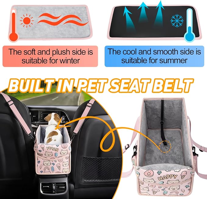 Console Dog Car Seat for Small Dogs, Foldable Booster Seat, Pink Kitten | Portable Booster Seat Sits On Car Console/ Armrest. Foldable for Easy Storage. for Center Console, Easy To Clean.