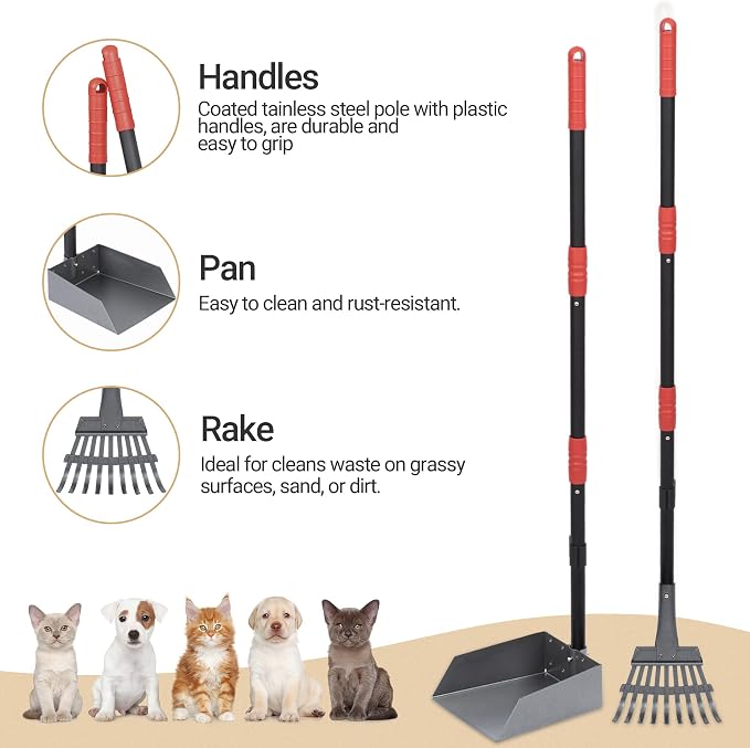 Dog Pooper Scooper, Dog Poop Tray and Rake Set with Long Stainless Handles | Pet Waste Removal Scoop with Adjustable Sectional Handles