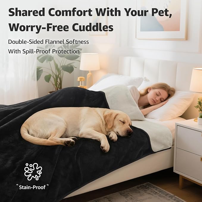 LOOBANI Waterproof Blanket for Twin Bed, Black Throw Blanket 60" x 80" | Splash Blankets for Large Dogs, Reversible Spill-Proof, Couch Cover for Sofa Protection, Movie Nights, Camping, Noise Free