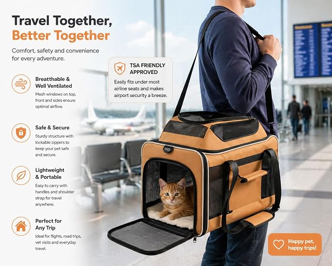 Cat Carrier Dog Carrier Airline Approved, Pet Carrier for 2 Cats Small Medium Dogs, Soft Cat Carrier 18x15x15 with Foldable Bowl & Washable Pad, TSA Approved Dog Carriers by Luniko Shop (Orange)