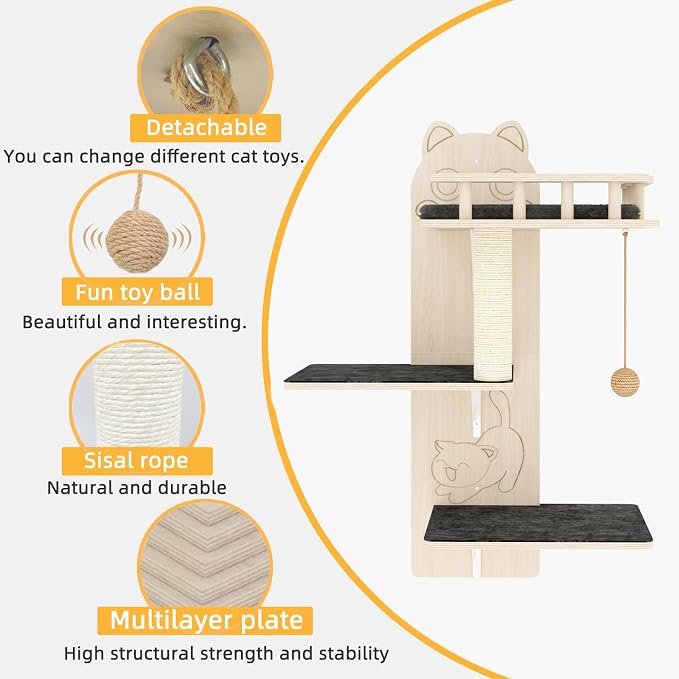 Cat Wall Shelves, 3 Platform Kitten Wall Furniture, DIY for Painting Cats Scratching Post with Sisal Scratching Post and Ball Toy
